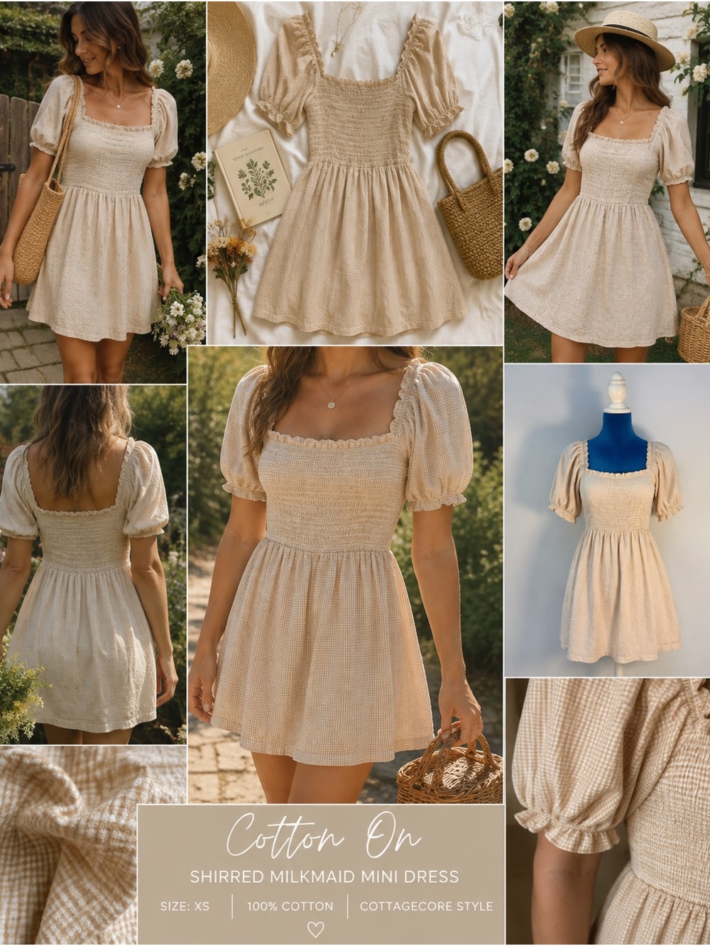 Cotton On Milkmaid Mini Dress XS Beige Gingham Shirred Cottagecore Puff Sleeves
